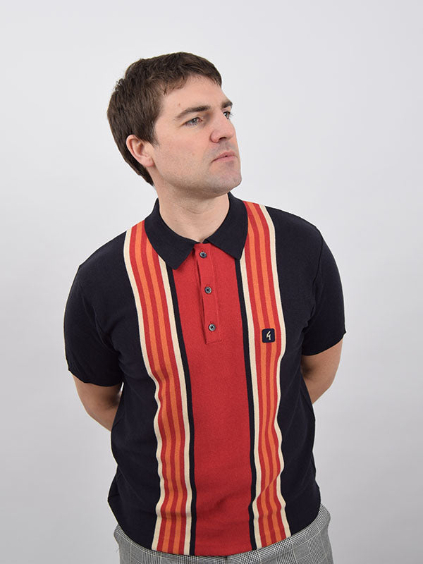 Gabicci Vintage Navy Red & Orange Stripe Polo Shirt