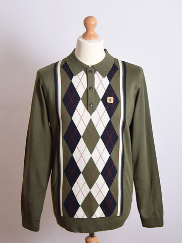 Gabicci Vintage Olive Argyle Pattern Twin Stripe Polo